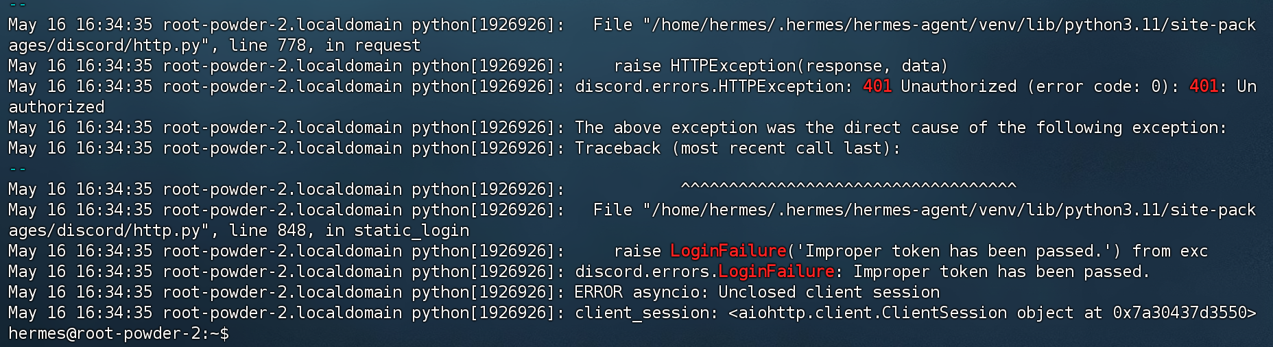 journalctl日志Discord 401 Unauthorized