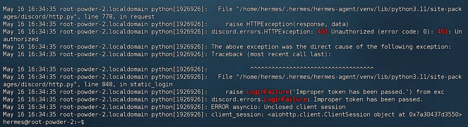 journalctl日志Discord 401 Unauthorized