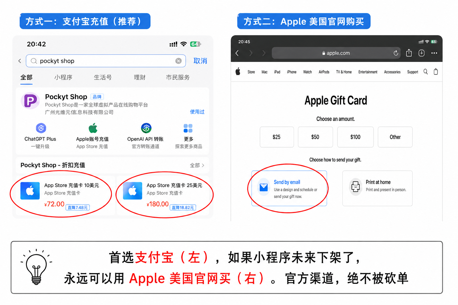 支付宝出境PockytShop购买美区Apple礼品卡，和Apple美国官网买Gift Card双路径