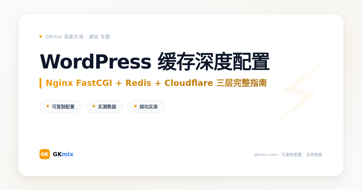 WordPress 缓存配置三层架构图：Nginx FastCGI Cache + Redis Object Cache + Cloudflare CDN