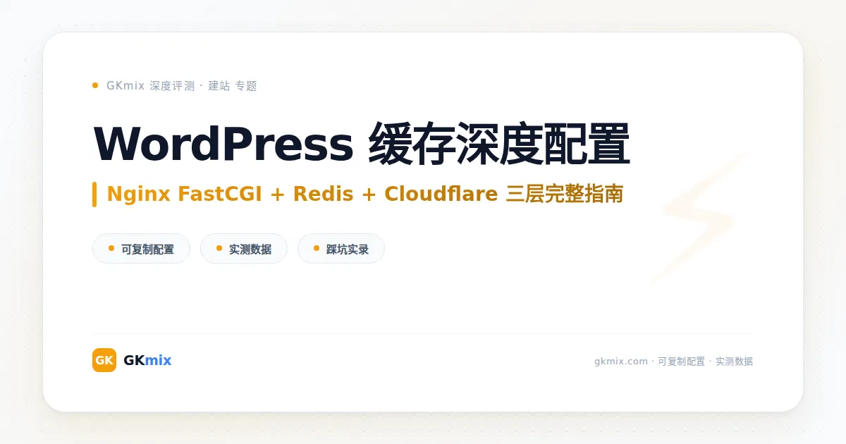 WordPress 缓存配置三层架构图：Nginx FastCGI Cache + Redis Object Cache + Cloudflare CDN