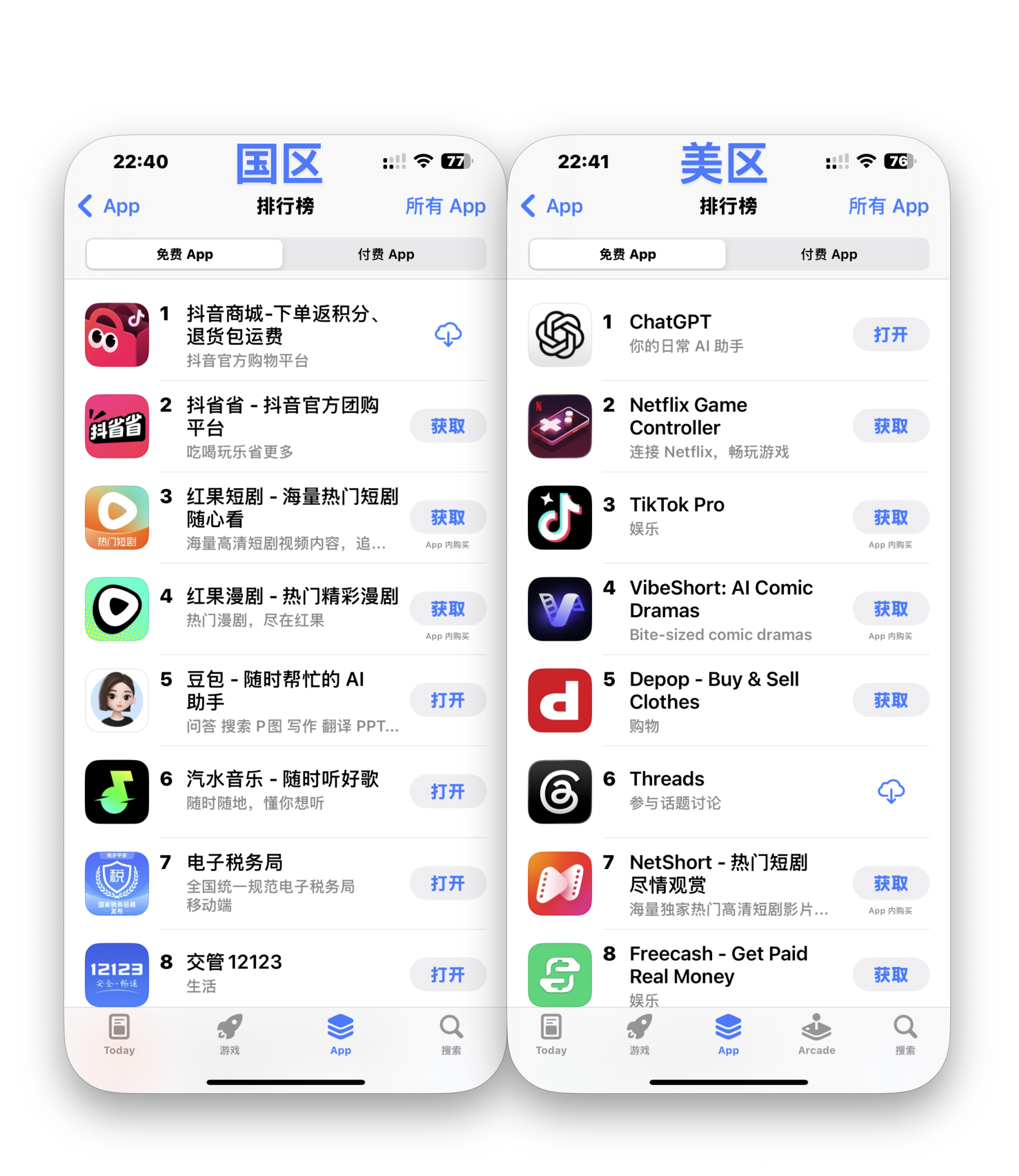 Apple 跨区对比:国区 vs 美区 App Store 免费排行榜差异
