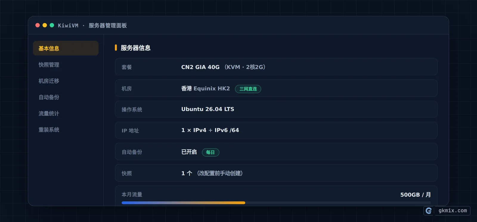 搬瓦工评测 KiwiVM 面板示意图