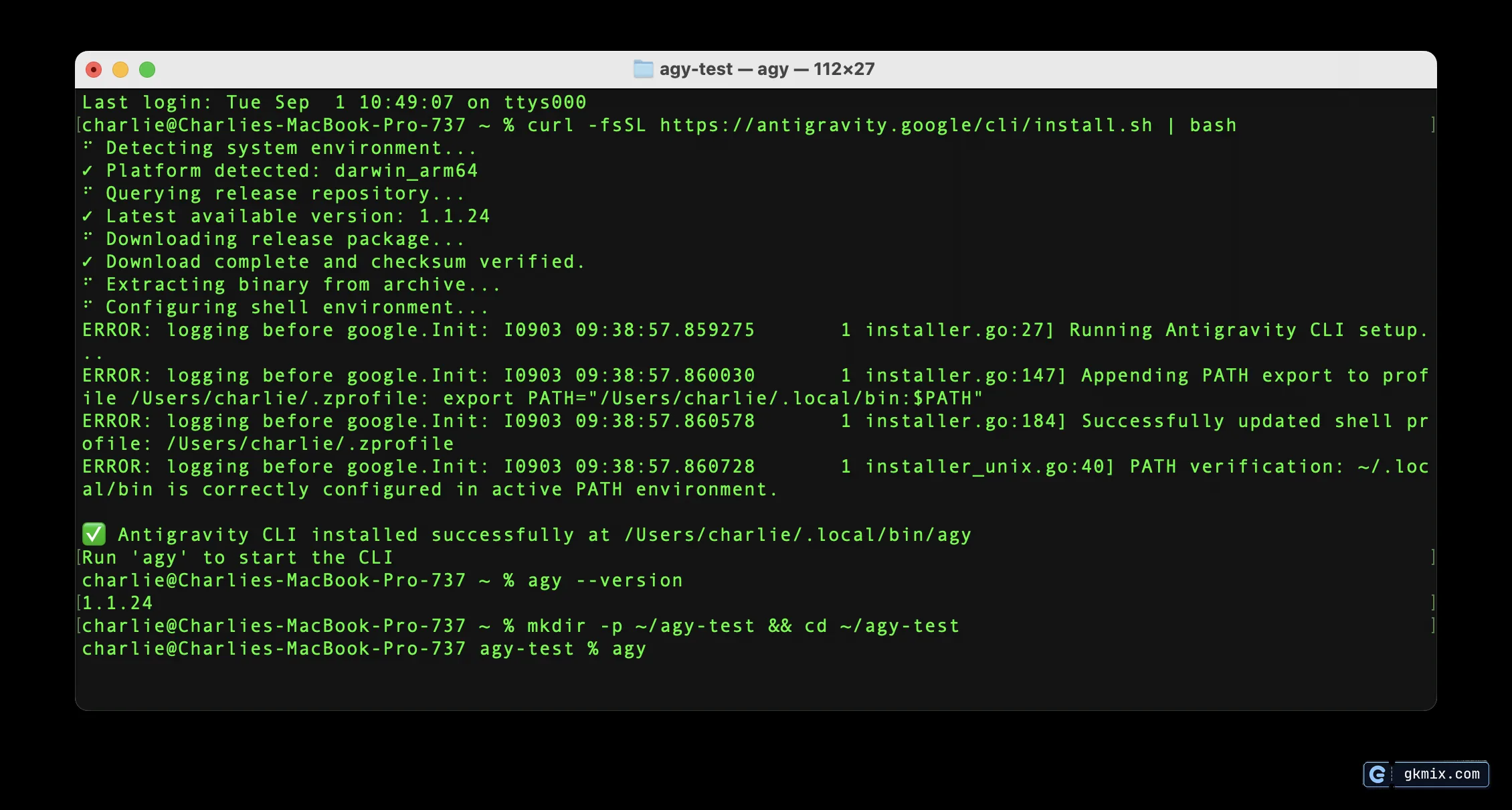 Antigravity CLI 在 Mac 终端安装成功截图