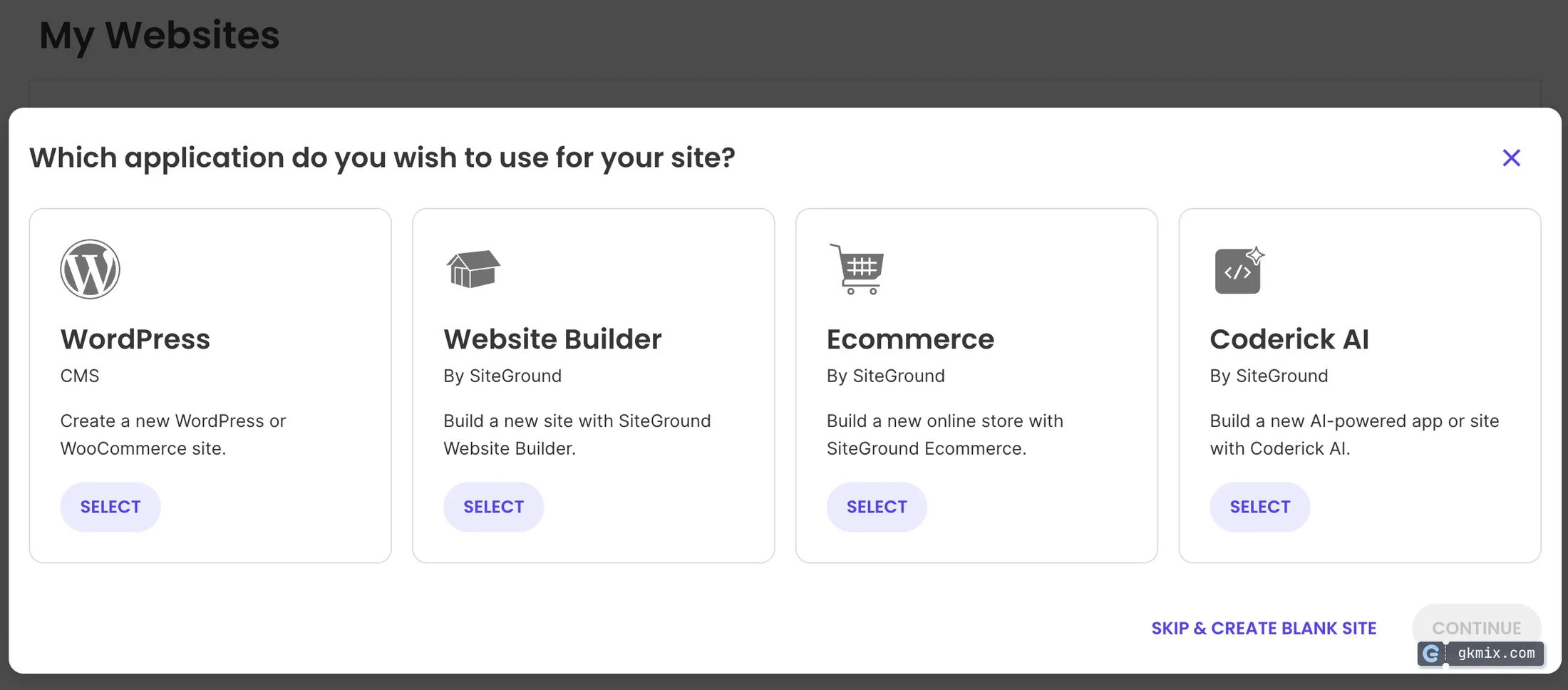 SiteGround 评测:新开站的应用选择界面——WordPress / 网站建站器 / 电商 / Coderick AI(2026-09 截图)