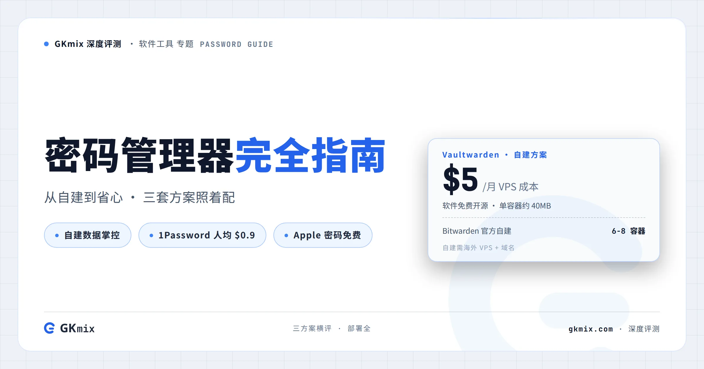 密码管理器完全指南：Vaultwarden 自建 / 1Password 家庭组 / Apple 密码三方案横评 封面图