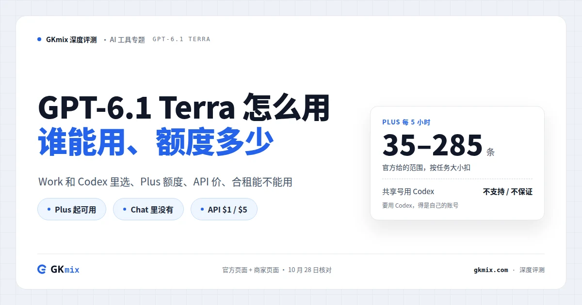 GPT-6.1 Terra 怎么用：Plus 每 5 小时约 35–285 条，只在 Work 和 Codex 里能选