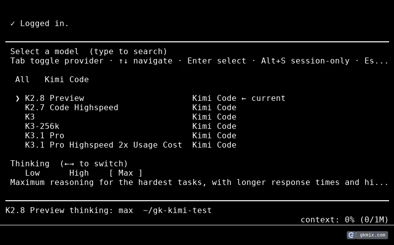 Kimi Code /model 模型列表：K2.8 Preview、K2.7 Code Highspeed、K3、K3-256k、K3.1 Pro、K3.1 Pro Highspeed 2x Usage Cost